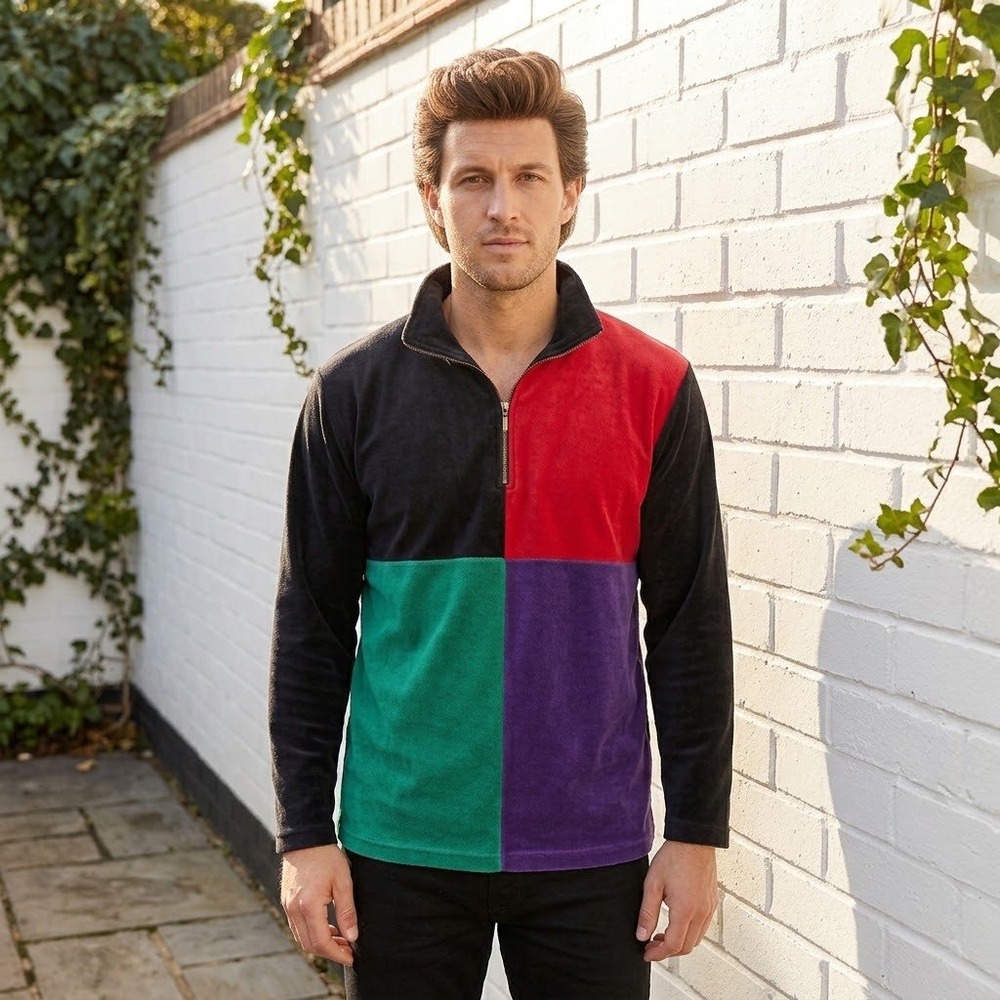 Vintage 90s Quarter Zip Pullover Sweater Mens Medium Colorblock Velour Indie Alt
